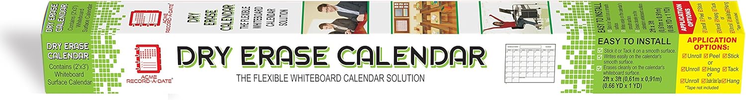 Whiteboard Dry Erase Monthly Calendar 2' x 3' Flexible Durable Sheet Material - Best for Goals Current Events By Acme Record A Date Offer Easy to Install Stick or Tack for Home School Business : Office Products