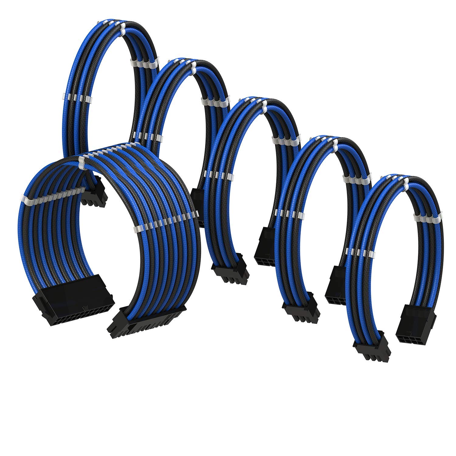 LINKUP - AVA 30cm PSU Cable Extension Sleeved Custom Mod GPU PC Braided w/Comb Kit - Compatible with RTX3090 | 1 x 24 P (20+4) | 2 x 8 P (4+4) CPU | 3 x 8 P (6+2) GPU set | 300mm - BlueBlack