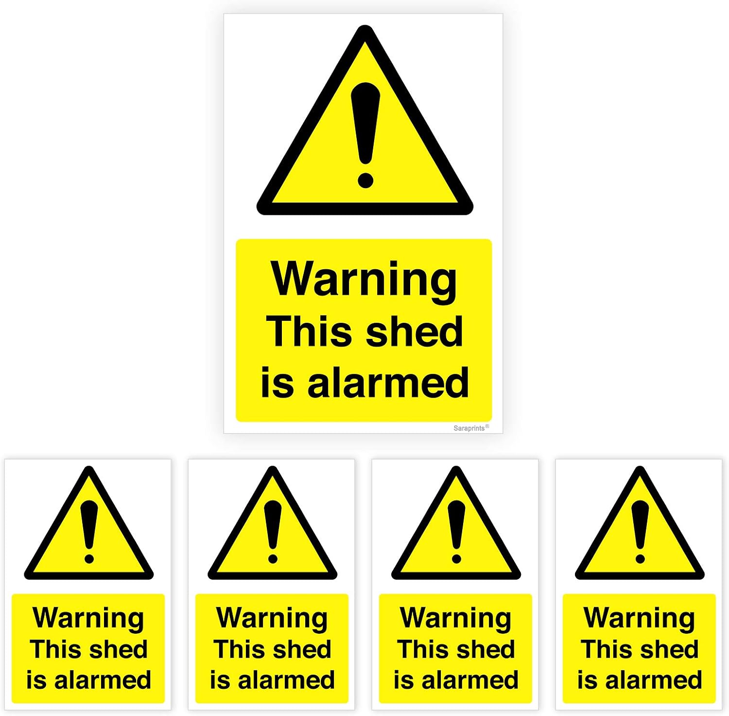 Pack of 5 Shed Alarm Sign Self Adhesive (100 x 150 mm) Waterproof Stickers Shed Alarmed Sticker, Yellow, 100 x150 mm