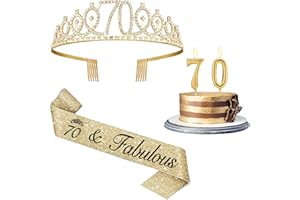 JUESLY 70th Birthday Decorations for Women Gold with Sash and Tiara, Gold Number Candles, 70th Birthday Gifts for Women