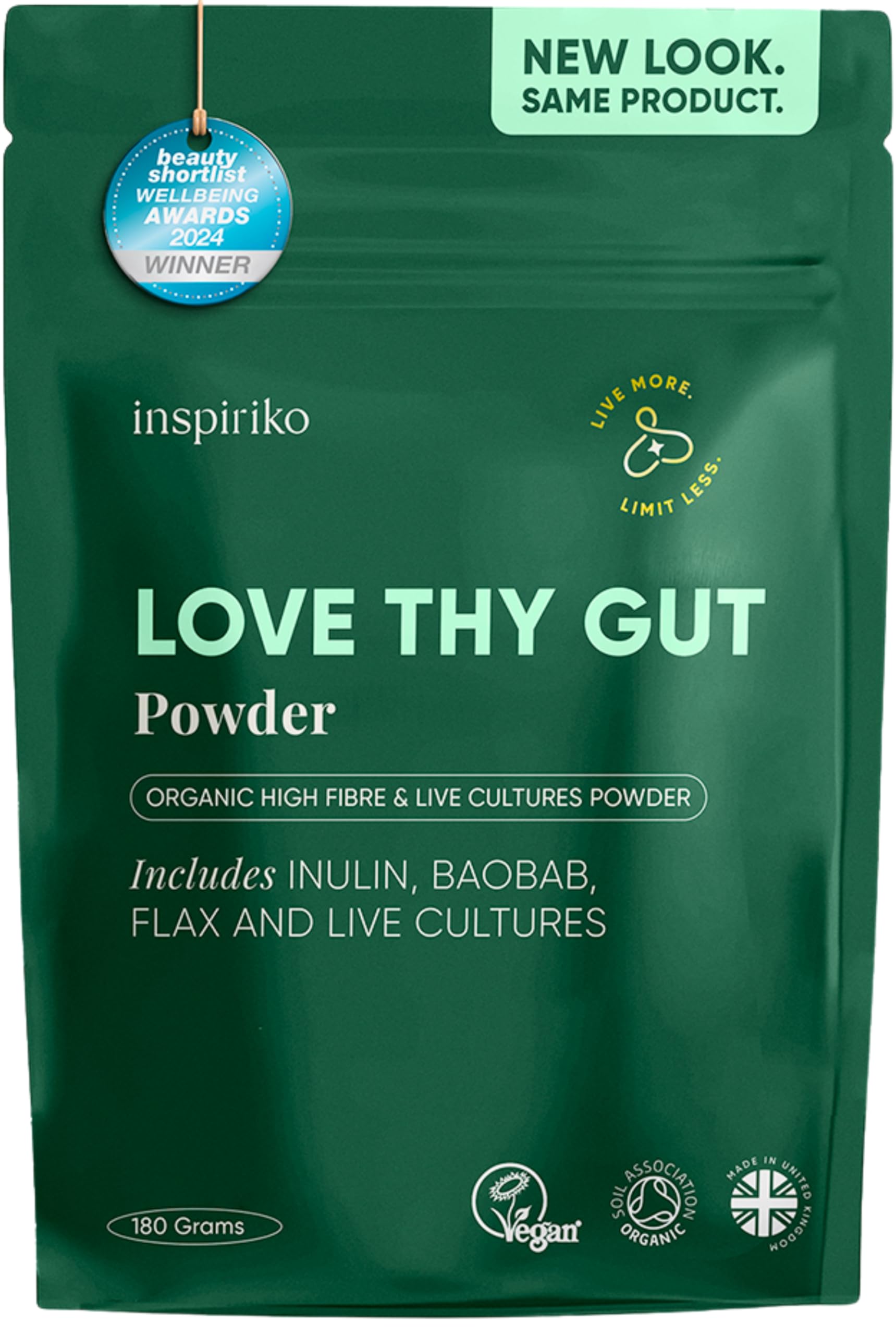 Inspiriko Organic Prebiotics for Gut Health - Award-Winning 10-in-1 Gut Health Powder with Superfoods, Inulin, Probiotics and Prebiotics. No Added Sugar, Made in UK, 180 Grams
