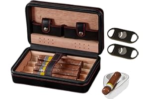 WANTHER Cigar Case,Travel Humidor,4 Pack Black Cedar Wood Leather Case with Cigar Cutter,Humidifier,Ashtray and Towel for Men Home and Travel,Desktop Large Electric Cabinet,Holder Box Accessories as Gift