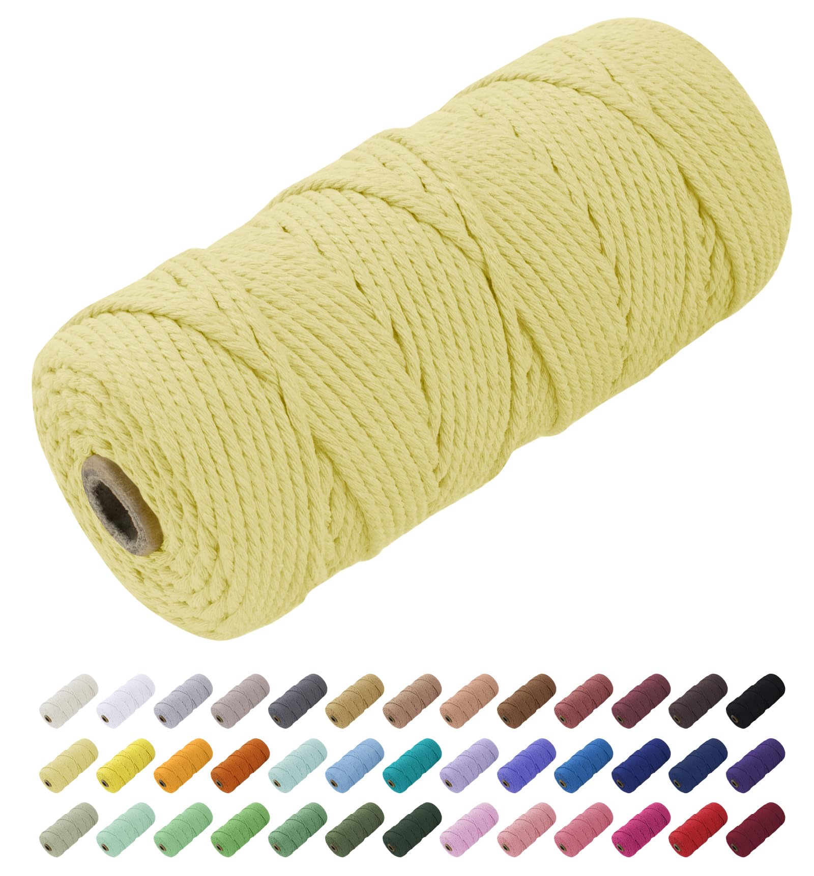 Uiopa Macrame Cord 3mm x 100m, Thick Rope Yarn Natural Cotton Cord, 4-Ply Macrame String for DIY Crafts, Plant Hangers, Wall Hangings, Decorations (Light Yellow)