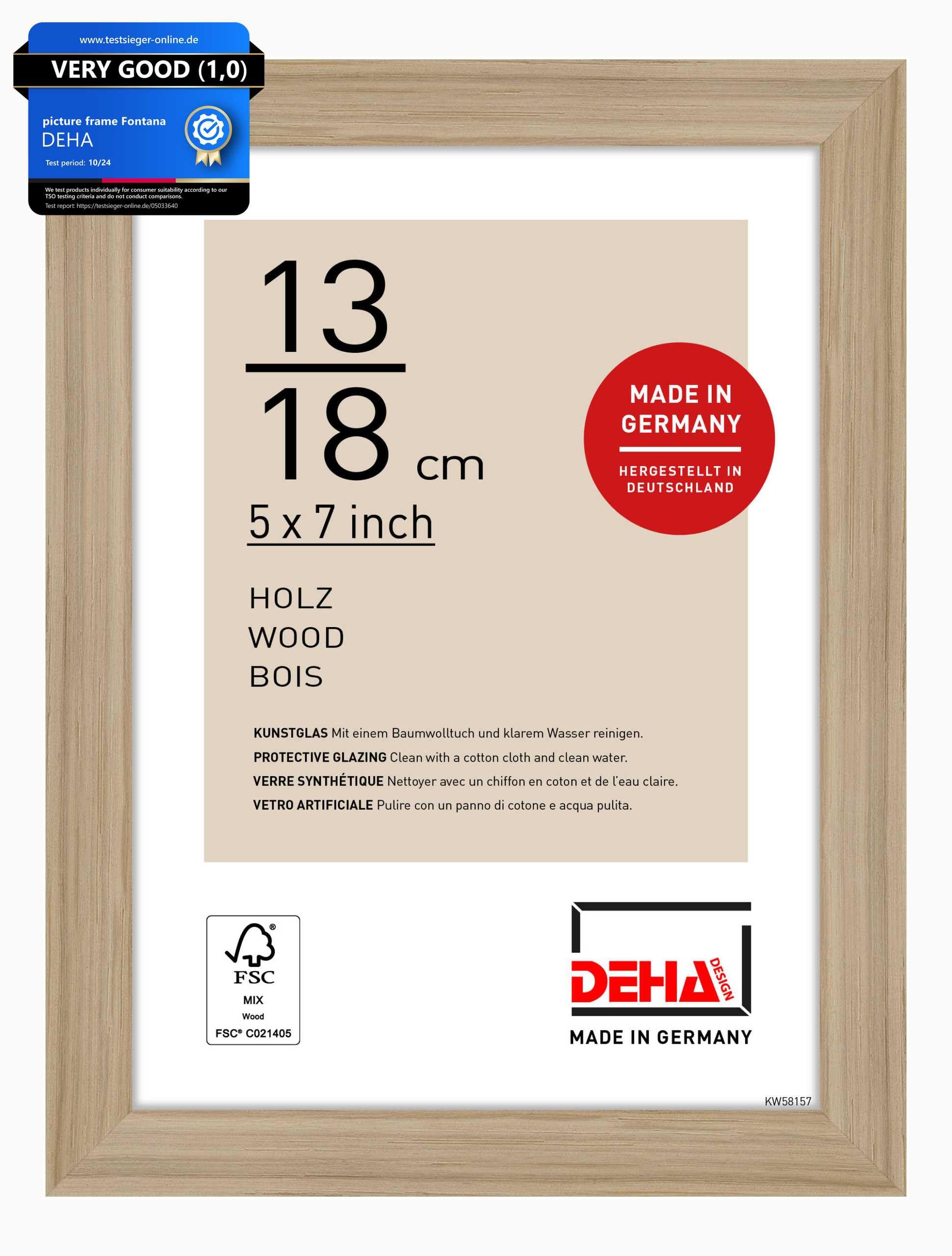 DEHA Design Fontana Wooden Picture Frame - 13x18 cm (5x7 in) – Oak - with Synthetic Glass and Push/Turn Clips