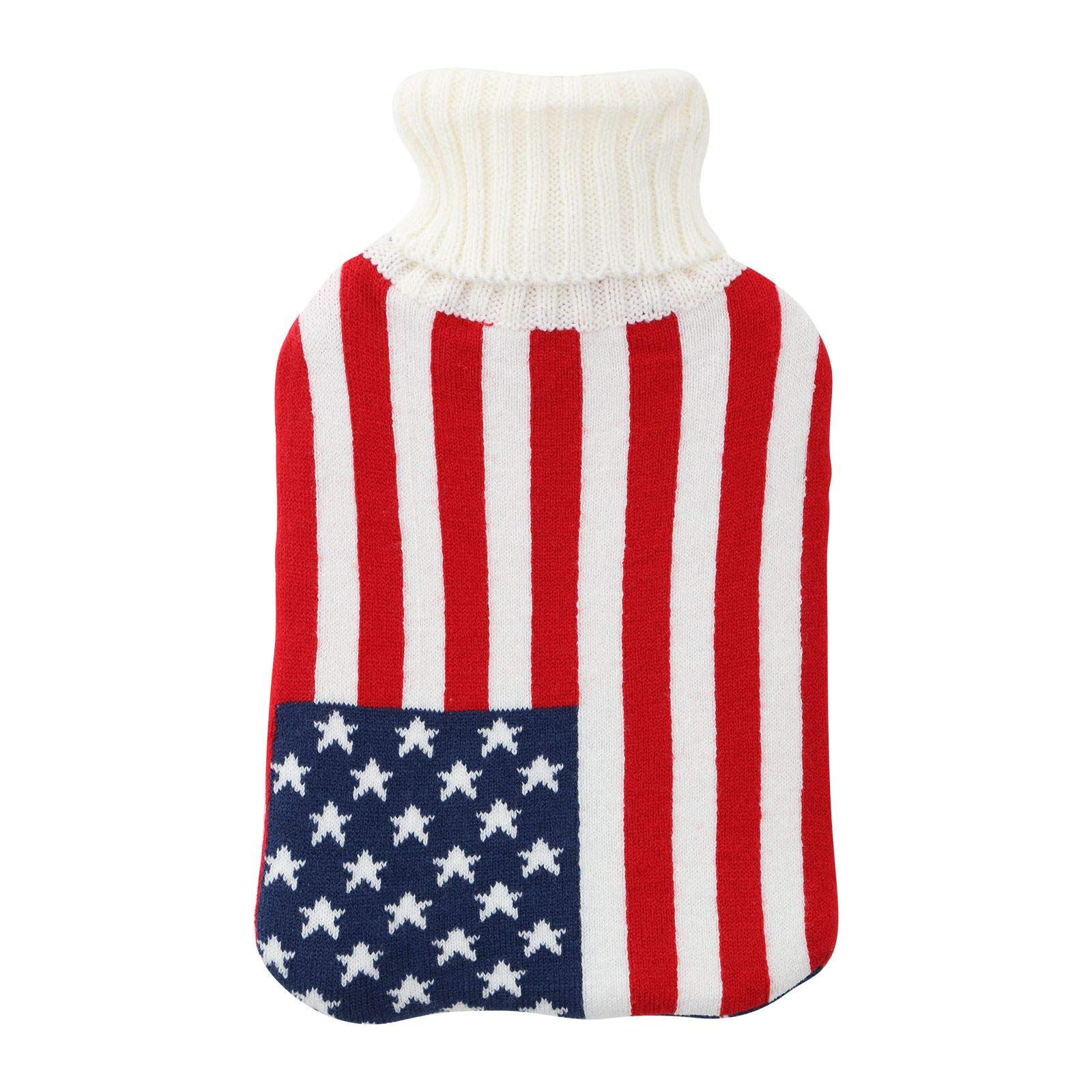 Large Hot Water Bottle with Knitted American Flag Cover Removable Natural Rubber 2 Litre Red White Blue USA Star & Stripes Old Glory Open Top Winter Warm Heat Therapy Cosy Snuggle Bed Sofa