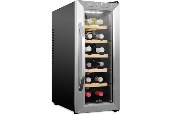 Ivation 12 Bottle Thermoelectric Wine Cooler/Chiller - Stainless Steel - Counter Top Red & White Wine Cellar w/Digital Temperature, Freestanding Refrigerator Smoked Glass Door Quiet Operation Fridge