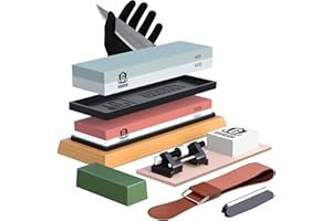 Complete Knife Sharpening Stone Kit - Goodjob Premium Whetstone Knife Sharpener Stone - Dual Grit 400/1000 3000/8000 Wet Stone Sharpening Kit with Cut Resistant Gloves, Honing Guide, Bamboo Base