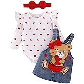 TOKIAGO Baby Girl Clothes Fall Winter Outfits Long Sleeve Romper Bear Cartoon Suspender Skirt Bow Headband Set 0-18 Months