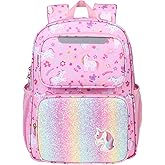 BrainyBees Kids Backpack for Girls Kindergarten & 1st Grade - 15 Inch Lightweight School Bookbag Fits Folder, Unicorn Backpack for Kids 4-7 with Chest Strap & Insulated Pocket, Pink