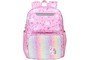 BrainyBees Kids Backpack for Girls - 15 Inch Unicorn Backpack for Kids 3 to 8, School Bookbag for Preschool Kindergarten and Elementary 1st 2nd, Insulated Pocket and Reflective Stripe, Pink Unicorn