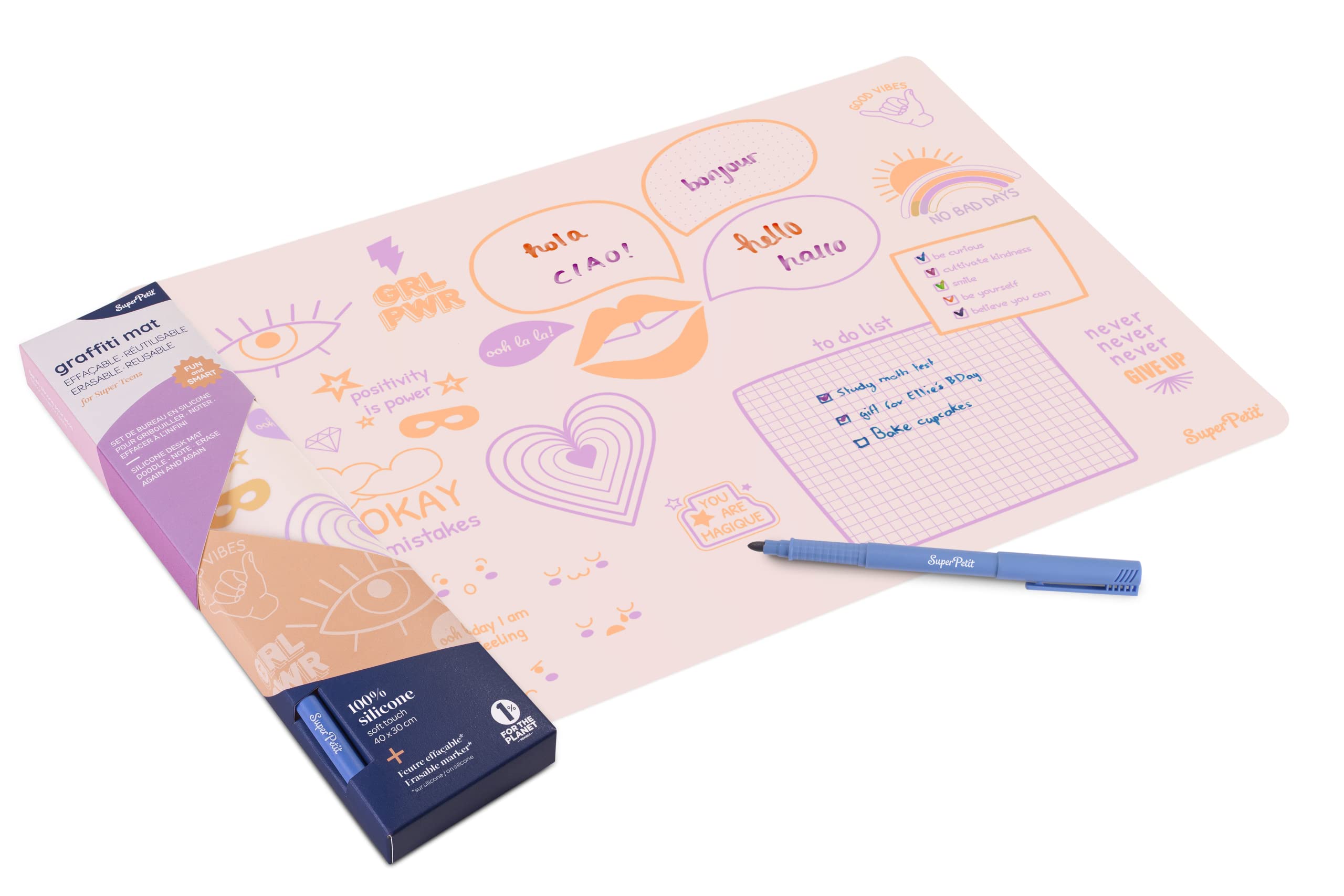 SUPER PETIT - 100% Silicone Desk pad - for Children and Teenagers - 1 erasable Blue Felt Pen Included - to do List - Drawing erasable and Reusable - Writing Board - Desk Protector 40 x 30 cm