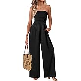 MASCOMODA One Piece Jumpsuits for Women Strapless Smocked Casual Rompers Long Pants with Pockets Vacation Summer Outfits