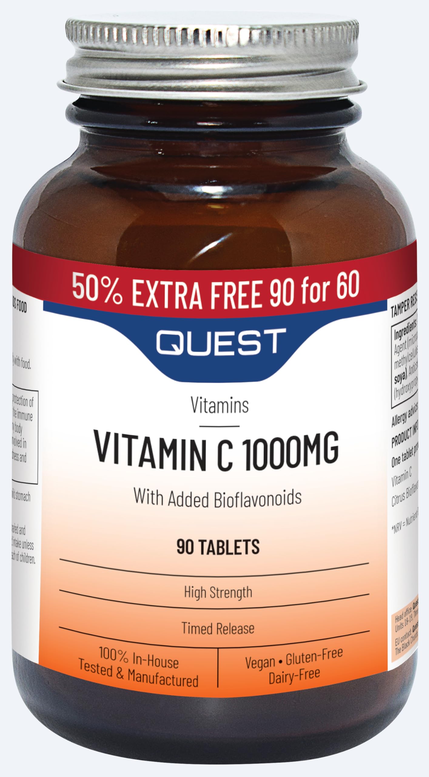 Quest - High Strength Vitamin C 1000mg with Bioflavonoids. Time Release Vitamin C Supplements for Immune Support, Collagen Production and Iron Absorption. Vegan & Gluten-Free (90 Tablets)