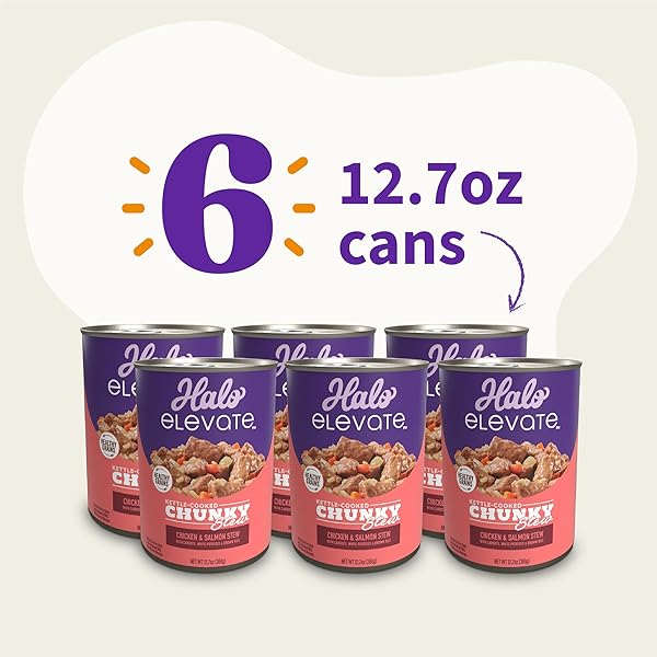 HALO ELEVATE WET DOG FOOD KETTLE COOKED CHUNKY CHICKEN & SALMON STEW, HEALTHY GRAINS CANNED DOG FOOD, 12.7 OZ CAN (PACK OF 6)