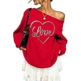 BANGELY Valentines Off Shoulder Sweatshirt Women Love Heart Long Sleeve Shirt Casual Oversized Sweatshirts Fashion Sequin Top