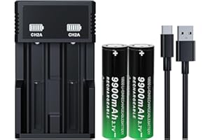 BENKIA 18650 Rechargeable Battery 3.7V 9900mAh Large Capacity Flat Top for Headlamp Flashlight（2 Pack,18650 Battery+Charger