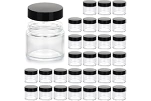 11 HOA KINH 2oz Jars with Lids, HOA Kinh 30 Pack Clear Glass Jars Empty Cosmetic Containers Round Airtight Glass Jar with Inner Liners and black Lids for Storing Lotions, Powders, and Ointments