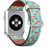 Compatible with Apple Watch Series 7/6/5/4/3/2/1 (Small Version 38/40/41 mm) Leather Wristband Bracelet Replacement Accessory Band + Adapters - Pink Flamingo Pineapples Exotic Leaves