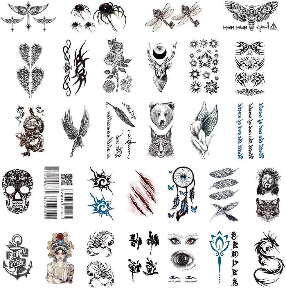 CARGEN 30 Sheets Realistic Face Temporary Tattoos Minimalist Self Adhesive Small Fake Face Tattoos Sticker for Adults Men Women on Hands Face Arm Skull Fake Tattoos Body Art for Adults Party Show