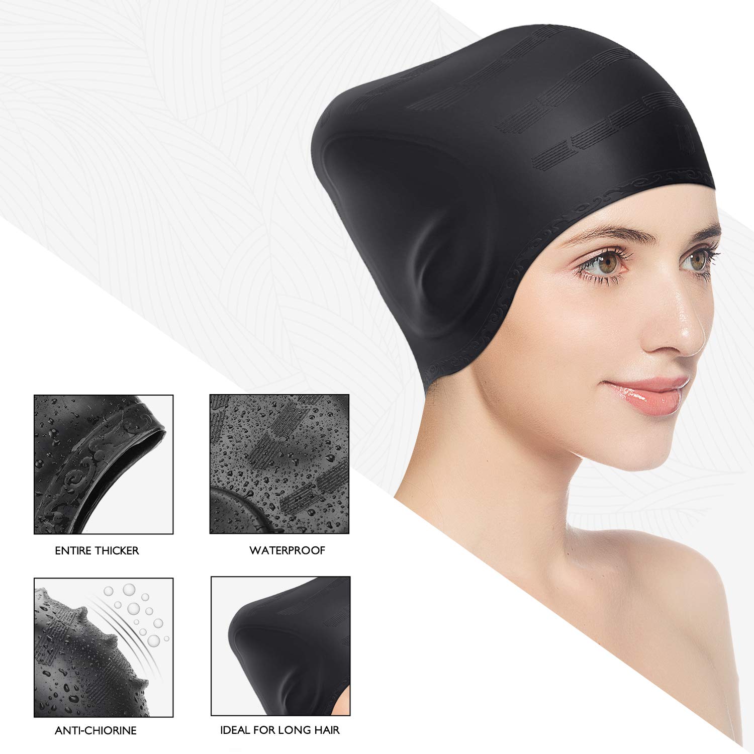 Yostyle Swim Cap, 2Pack Silicone Swimming Caps for Long Hair - 3D Ergonomic Design Swimming Hat for Women Kids Men Adults Boys Girls, Comfortable and Durable with Nose Clip & Ear Plugs - Black & Blue