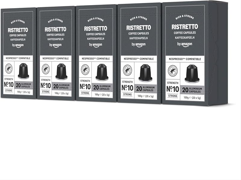 Capsules de café en aluminium Ristretto compatibles avec Nespresso, torréfaction moyennement poussée, 100 Pièces, 5 lot de 20 - Certifié Rainforest Alliance