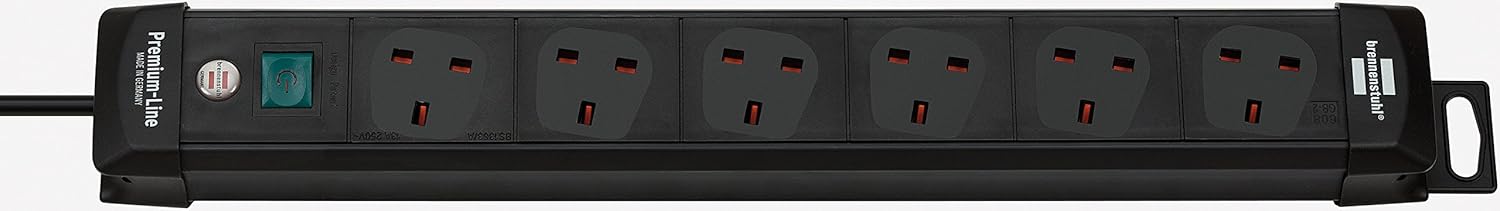Brennenstuhl Premium-Line, 6-way extension lead (switch and 3m cable - 80° angle of sockets) colour: black