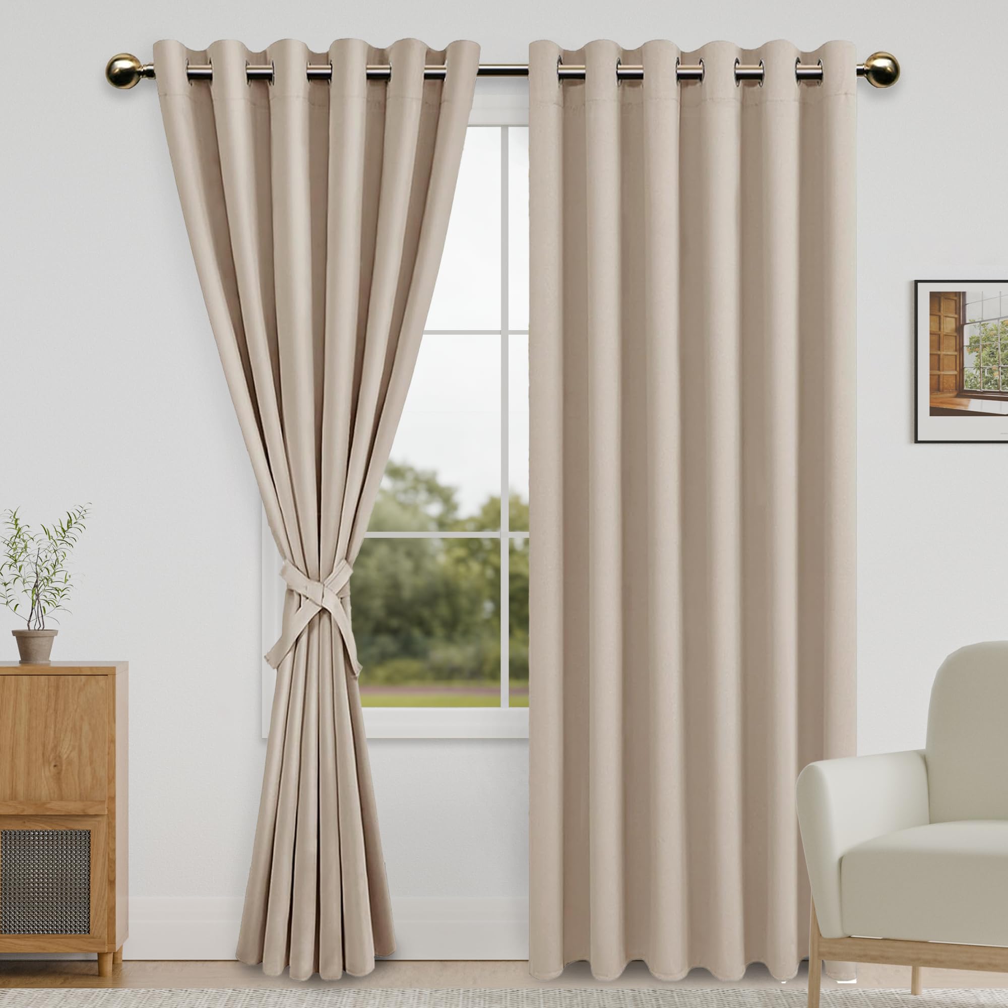 DWCN Blackout Curtains for Bedroom with Tiebacks - Room Darkening Privacy Grommet Top Window Curtains for Living Room, 70 x 84 inch Length, Beige, Set of 2 Panels Image