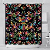 MEHOFOND 72x72in Mexico Floral Otomi Style Shower Curtain for Bathroom Mexican Traditional Mexican Blue Bird Red Black Waterproof Fabric Bathroom Bathtubs Accessory Decor Sets with Hooks
