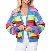 Women's Rainbow Striped Cardigan Sweater V Neck Open Front Multicolor Knitted Fall Sweater Coats