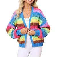 Cardigan a righe lavorato a mano da donna, 100% lana, sfoderato, righe arcobaleno, cardigan spesso colorato e luminoso, bottoni in guscio di cocco, commercio equo e solidale - Italia