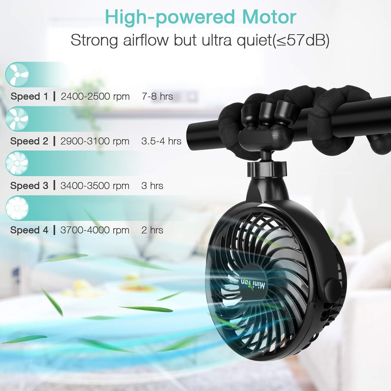 Portable Handheld Fan, 2600mAh Battery Powered Personal Desk Baby Fan Air Circulator Fan with Flexible Tripod, Ultra Quiet 4 Speed 360° Rotatable USB Fan for Stroller Office Camping Hurricane Outage,Black: Home & Kitchen
