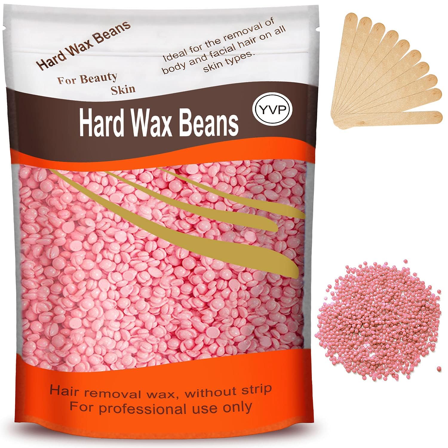 Hard Wax for Hair Removal, Rose Pink Wax Beads for Sensitive Skin and Brazilian Waxing, 10.5 Ounce/bag with 10pcs Wax Sticks