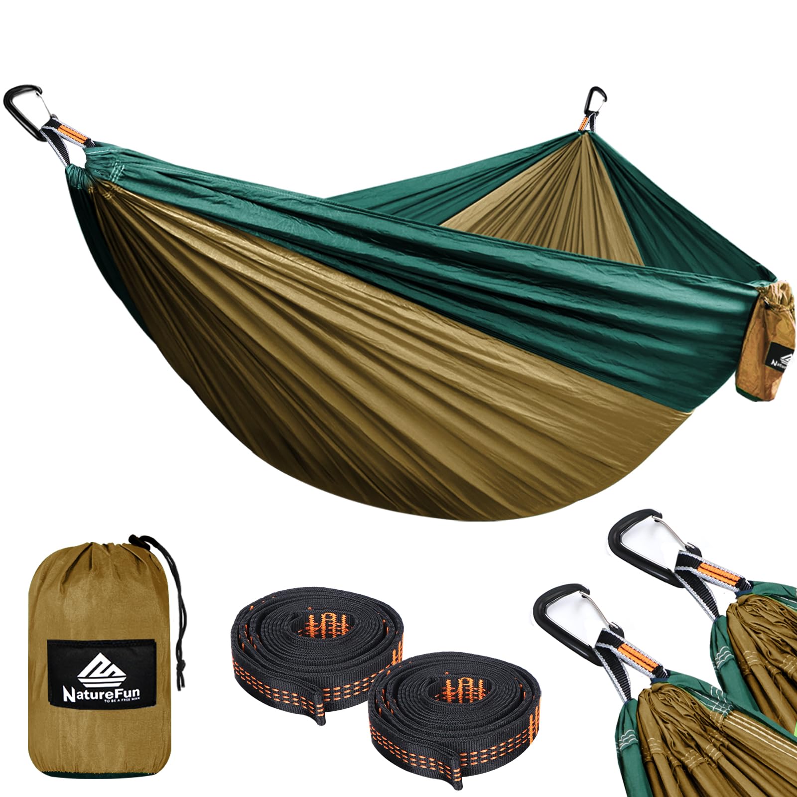 NatureFun Ultra-Light Travel Camping Hammock | 300kg Load Capacity,(300 x 200 cm) Breathable,Quick-drying Parachute Nylon | 2 x Premium Carabiners,2 x Nylon Slings Included | For Outdoor Indoor Garden