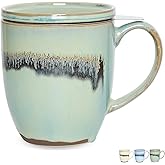 Bosmarlin Ceramic Tea Cup with Infuser and Lid, 16 Oz, 3 Colors to Choose, Microwave and Dishwasher Safe, Steeping Tea Mug with Strainer, Reactive Glaze (16 Oz, Turquoise Green Light)