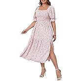Floerns Women's Plus Size Boho Floral Print Shirred Ruffle Hem A Line Long Dress