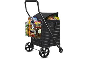 Siffler Collapsible Shopping Cart with Double Basket & Waterproof Liner - Grocery, Laundry & Travel Foldable Cart, 360° Swiveling Wheels, Medium Size with Carry Bag