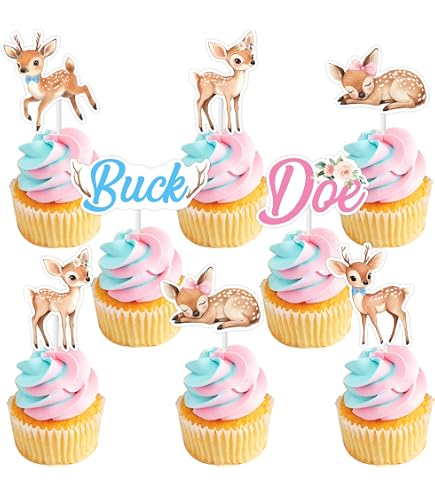 MonMon & Craft Cupcake-Topper Für Babyparty – 24 Stück Glitzer-Aufsätze Für Gender Reveal (Blaue Oder Rosa Hirsch-Motive)