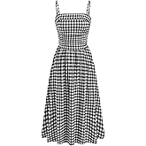 CIDER Women's Summer Gingham Midi Dress Sleeveless Ruched Plaid Dress Spaghetti Strap Dresses Casual Trendy