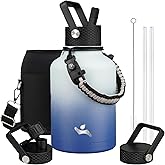 Konokyo Insulated Water Bottle with Straw,50 oz 3 Lids Water Jug with Carrying Bag,Paracord Handle,Double Wall Vacuum Stainless Steel Metal Flask,Sky