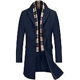COOFANDY Men's Wool Blend Coat with Detachable Plaid Scarfs Notched Collar Single Breasted Pea Coat Trench Overcoat