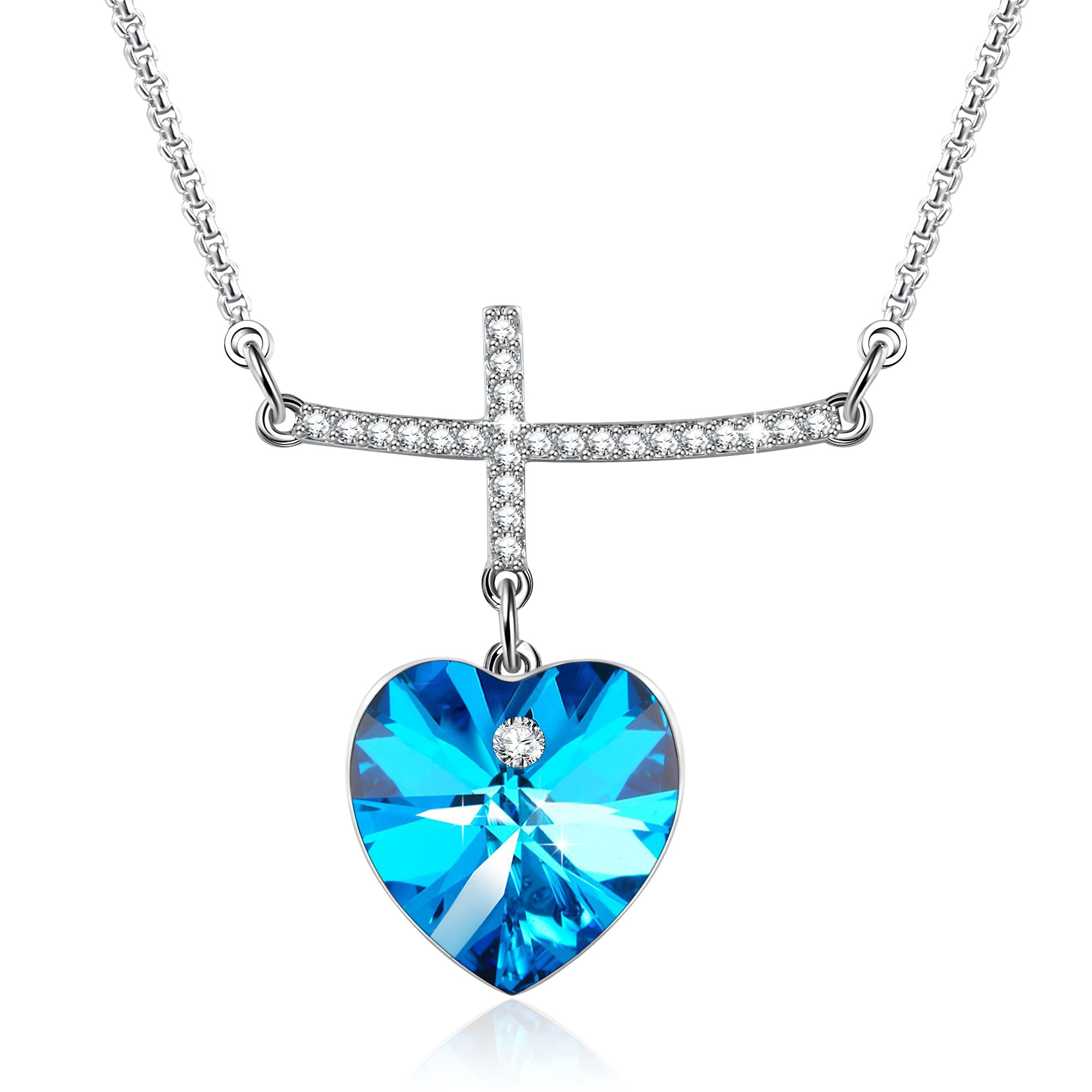 GEORGE SMITH My Prayer Cross Pendant Necklace Diamond necklaces Blue Crystal from Swarovski,Women Jewelry Gifts for her (Blue-2)