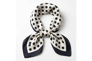 Silky square satin headscarf, digital black and white polka dot print, suitable for women, 27.5 x 27.5 inches.