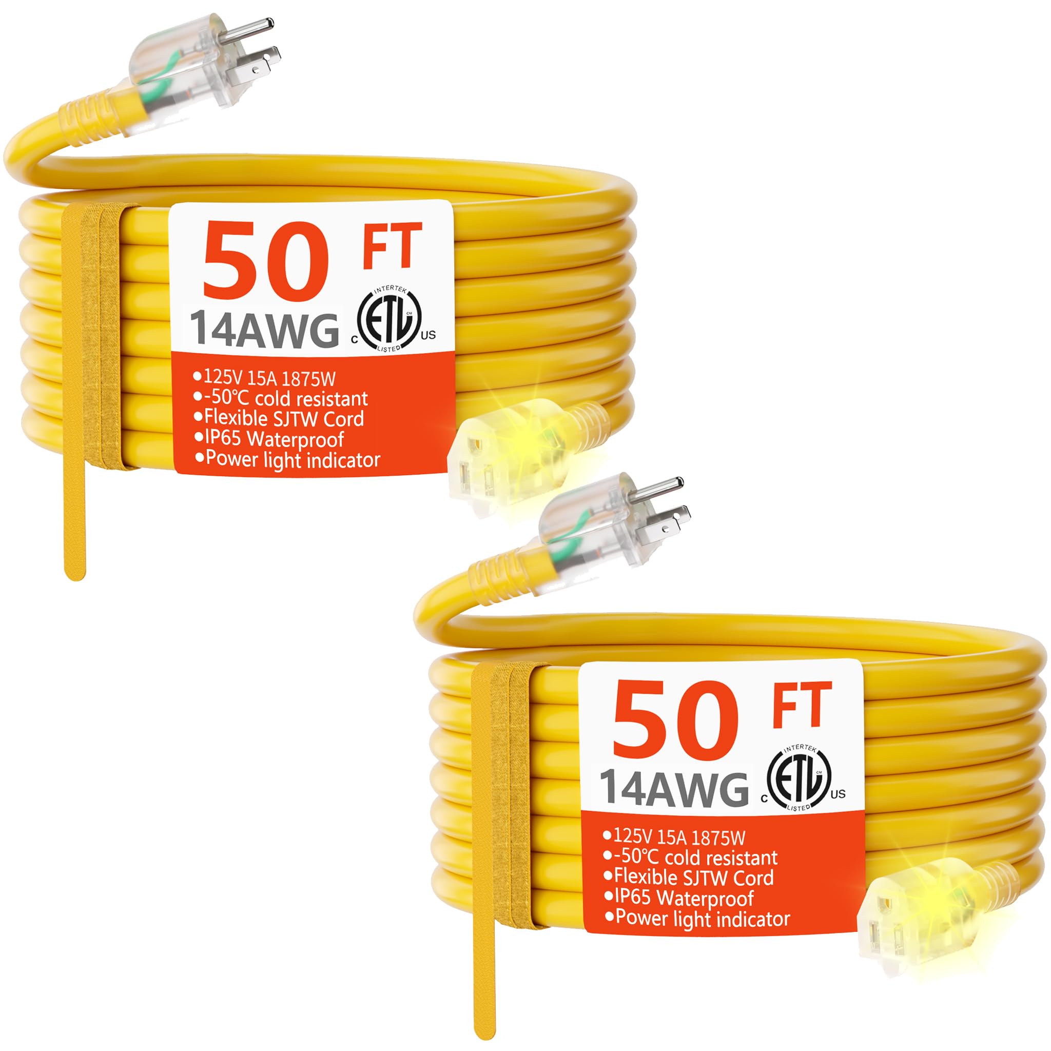 HUANCHAIN 50 ft 2 Pack 14/3 Gauge Heavy Duty Outdoor Extension Cord Waterproof with Lighted, Flexible Cold Weather 3 Prong Electric Cord Outside, 15A 1875W 125V 14AWG SJTW, Yellow, ETL Listed Image