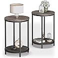 NSdirect Round Side Table Set of 2,16in Rustic Wooden End Table Surface Top & Sturdy Metal Legs Nightstand for Living Room Bedroom Farmhouse Sofa Table with Storage Open Shelf,Light Walnut