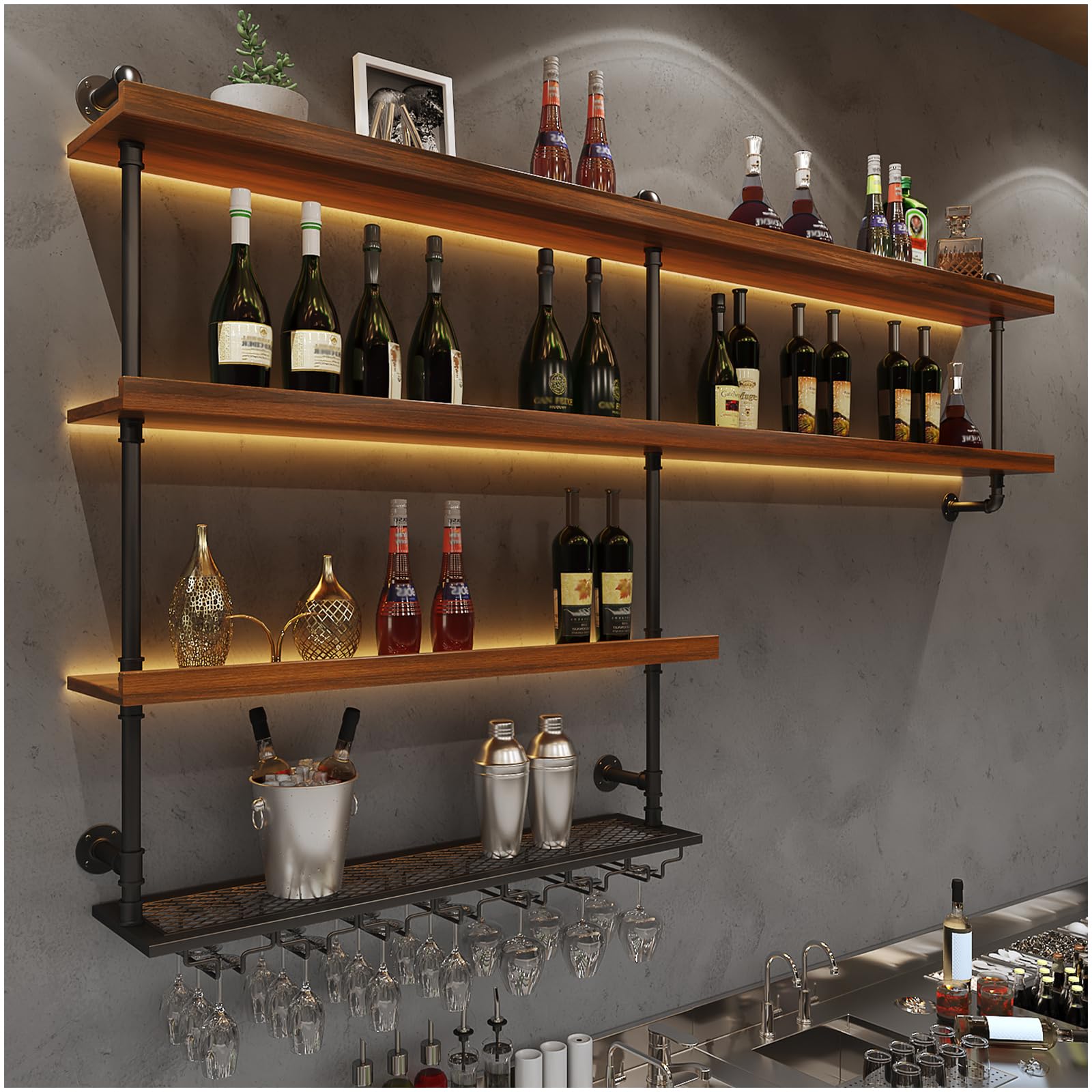 Photo 1 of **PARTIAL SET/check clerk comments**Solid Wood Wall Mounted Wine Rack, Large Wine Rack with LED Light, 4 Tiers Liquor Bottles Floating Shelves with Glass Holder, Industrial Bar Shelves for Home Bar Dining Room (51.2 IN/ 130CM)