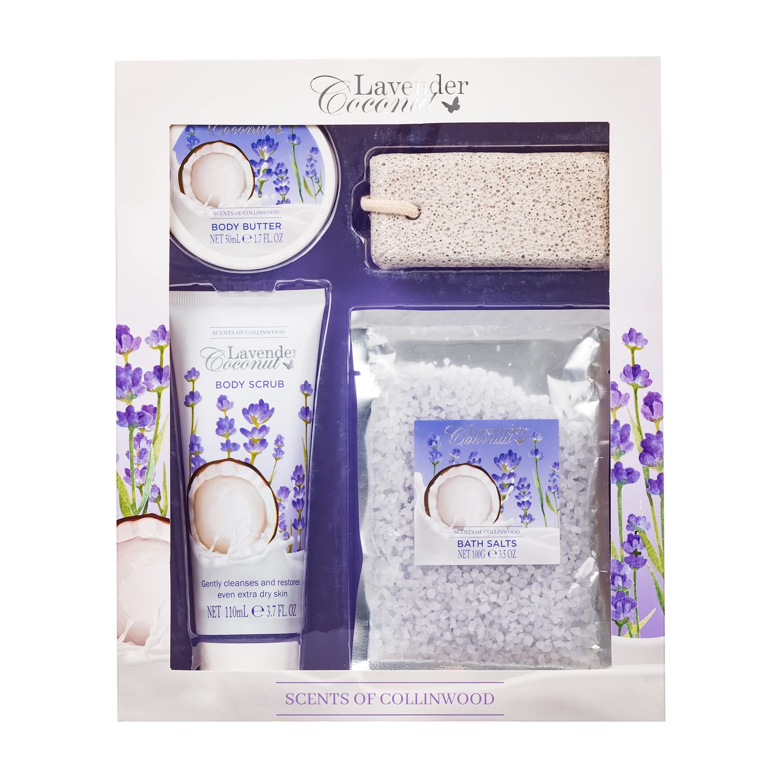 Scents of Collinwood - 4 Piece Women’s Wonderful Lavender Coconut Scent Bath Box Set - Includes Body Scrub, Body Butter, Bath Salts and a Pumice Stone, Purple