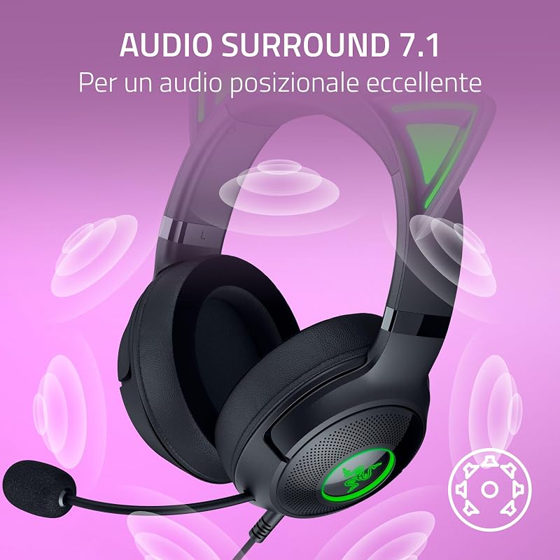Kraken Kitty V2 - Auriculares RGB por cable con orejas de gatito (Iluminación reactiva al streaming, Micrófono cardioide HyperClear, Diafragmas de 40mm TriForce, Sonido envolvente) Negro
