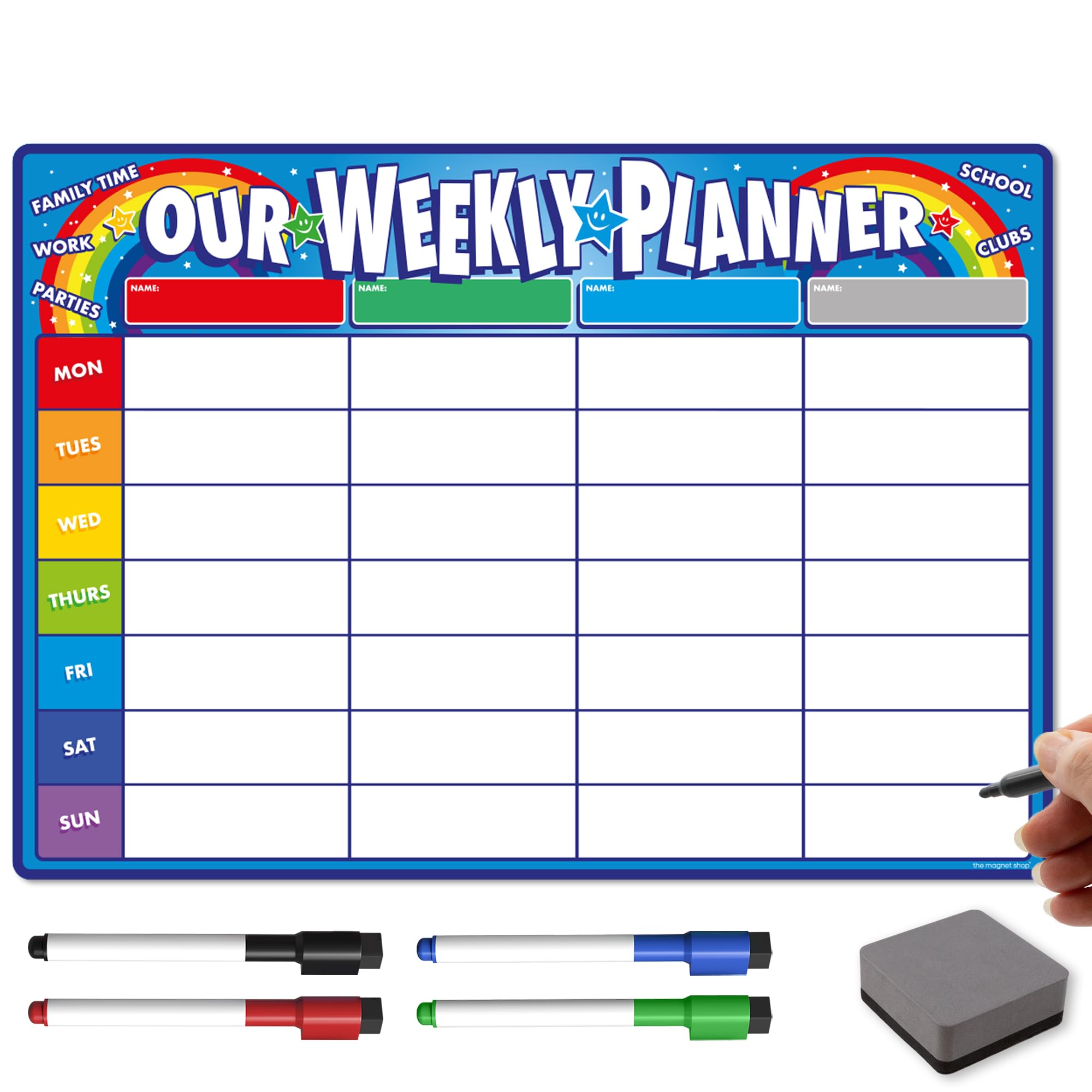 TMS Weekly Family Planner A3 | Magnetic Dry Wipe Whiteboard for Organising Your Chores, Meals, Home, School | Use as a Fridge Magnet with 4 Multi-Coloured Pens and Eraser (Blue, A3)