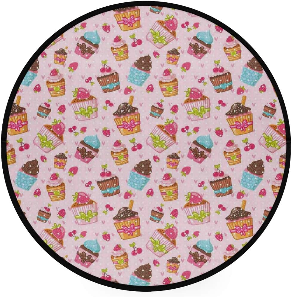 Minalo Super Soft Light Round Area Rug,Pink Kitchen Cupcakes Muffins Print,Circle Carpet (3'Diameter)
