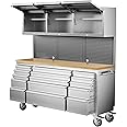 CHETTO C 72" Rolling Tool Box 15 Storage Drawers 3 Upper Cabinet Pegboard Large Tool Chest with Wheels for Warehouse Basement Home Pantry Garage Stainless Steel